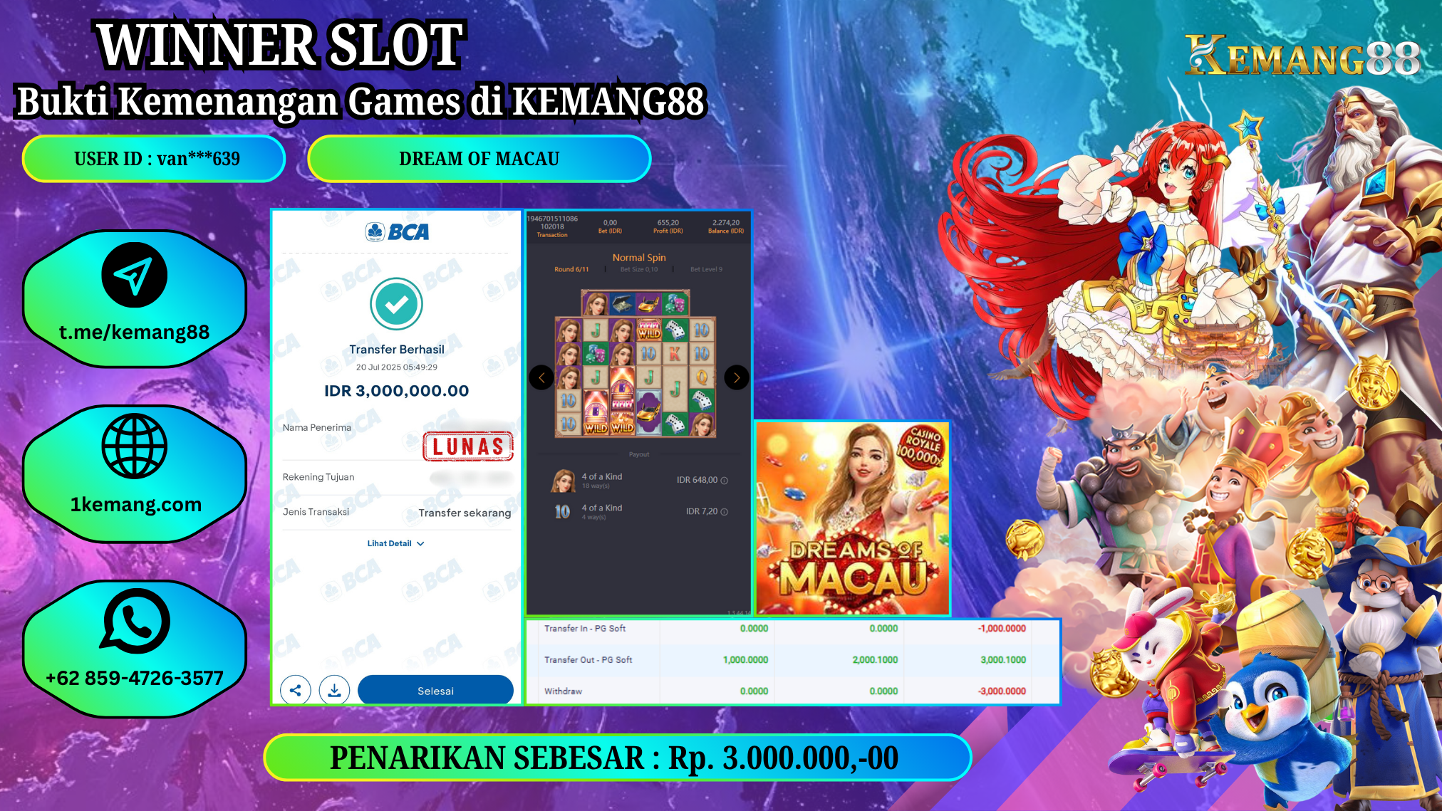 KEMANG88 [20 JULY 2025] : JACKPOT SLOT :  DREAMS OF MACAU [PG]  Rp.3.000.000.,- LUNAS